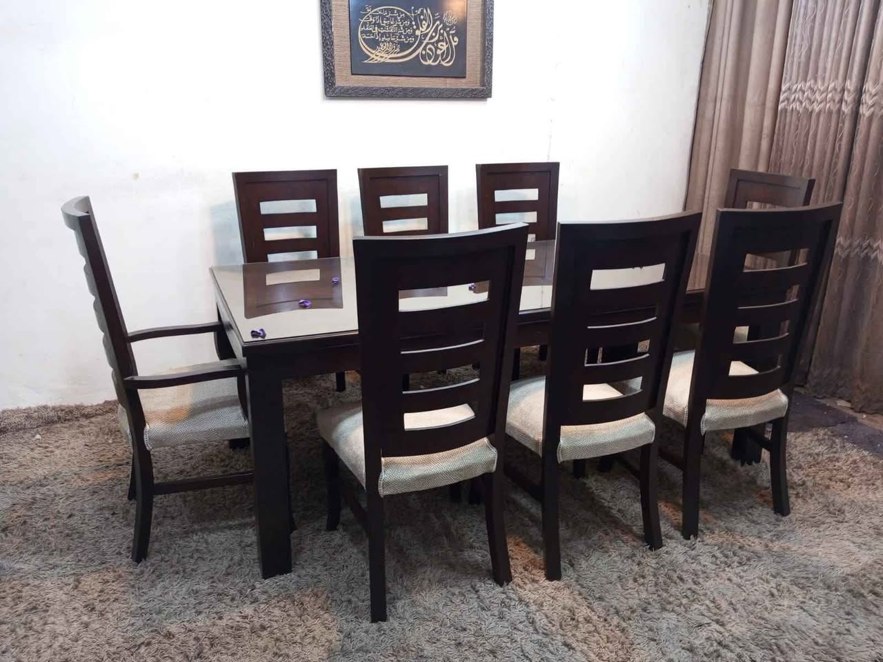 طاولة سفره خشب زان 8 كراسي جديدة مع قشرة بلوط وتنجيد مريح - 3